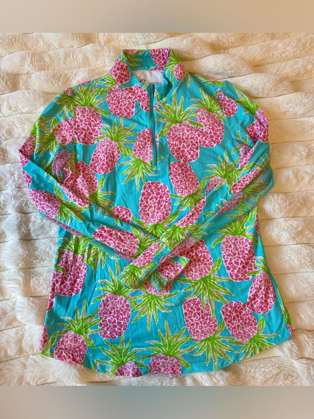 G LIFESTYLE Pink Palm Pineapple Small Mock Zip Top Golf Tennis Pickleball Lilly